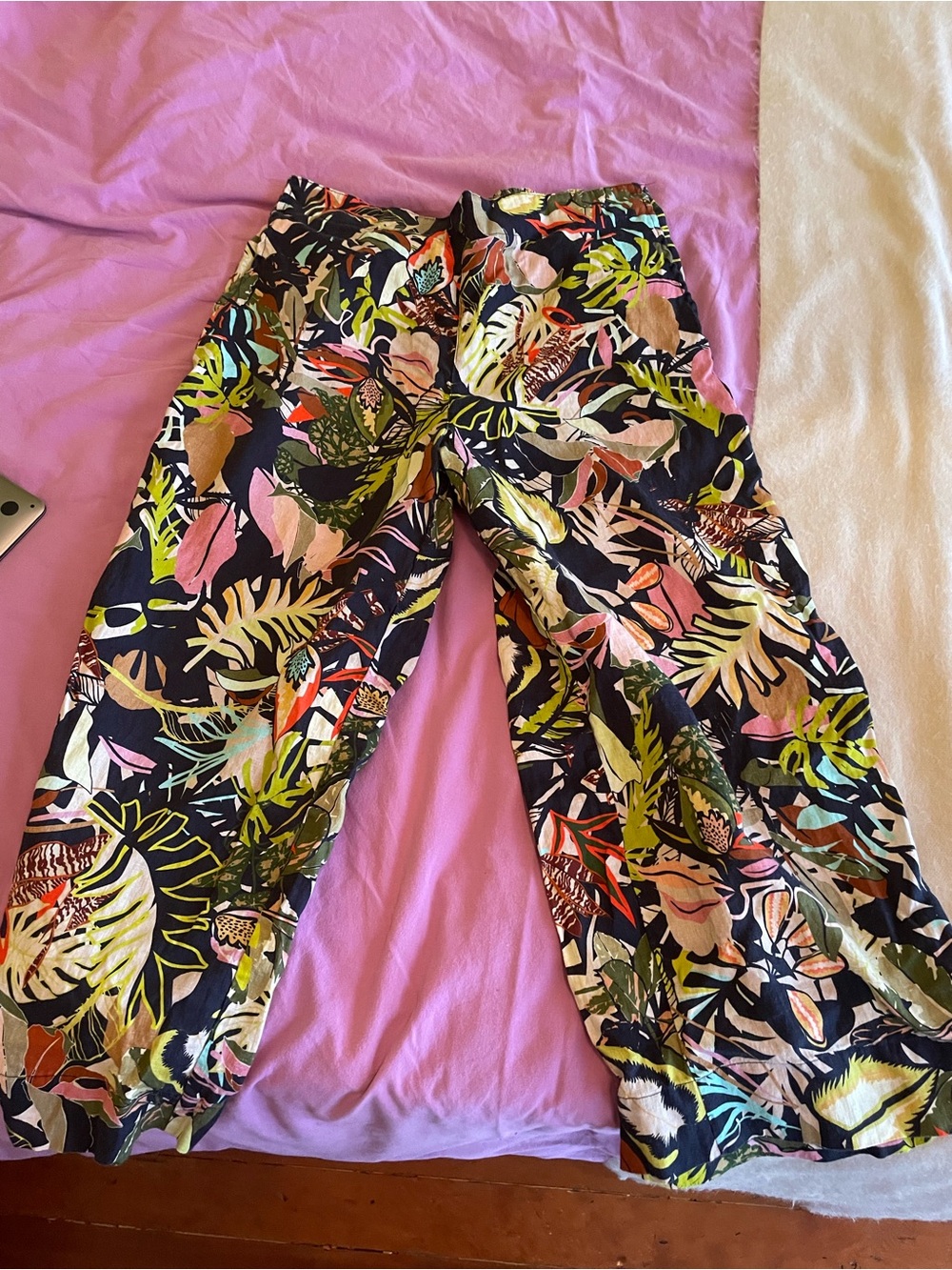 Linen flowy Floral Print Wide-Leg Pants - Black Multi